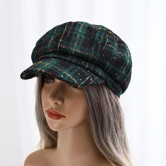 Green Plaid pattern sequins decor baker boy hat - Picture 4 of 6